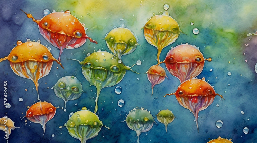 Watercolor painting: A vibrant and dynamic scene of various protozoa ...