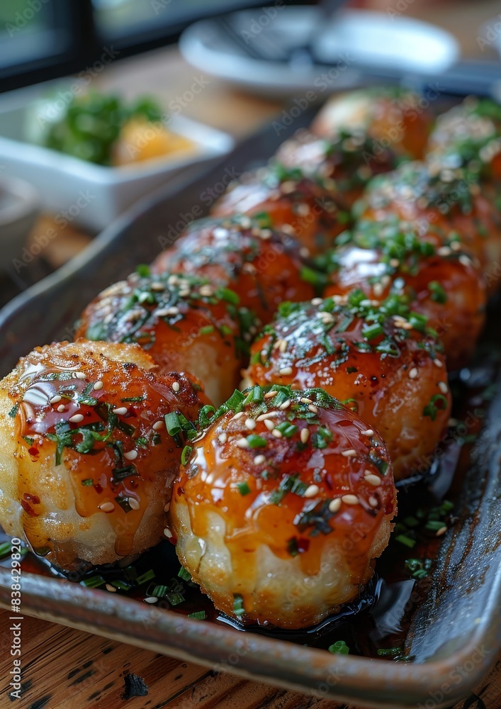 Takoyaki - Round, crispy octopus balls topped with mayonnaise, takoyaki sauce, and bonito flakes. Takoyaki - Round, crispy octopus balls topped with mayonnaise, takoyaki sauce, and bonito flakes.
