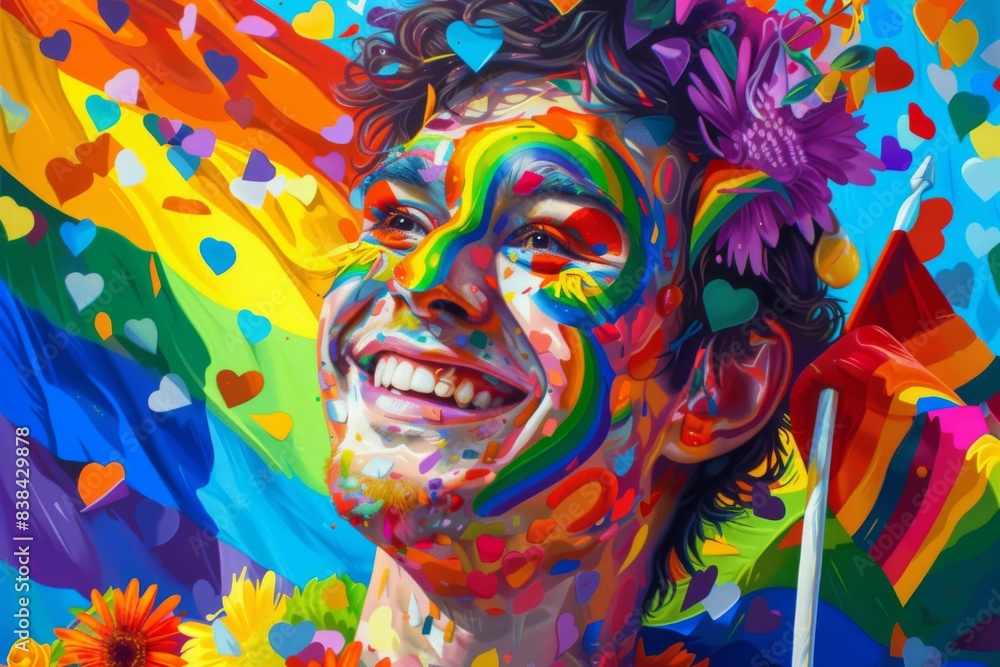 A detailed and colorful scene of an individual with a rainbow-painted face, smiling warmly, with a pride flag waving proudly in the background and festive decorations all around A detailed and colorful scene of an individual with a rainbow-painted face, smiling warmly, with a pride flag waving proudly in the background and festive decorations all around