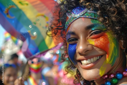 A detailed and colorful scene of an individual with a rainbow-painted face, smiling warmly, with a pride flag waving proudly in the background and festive decorations all around