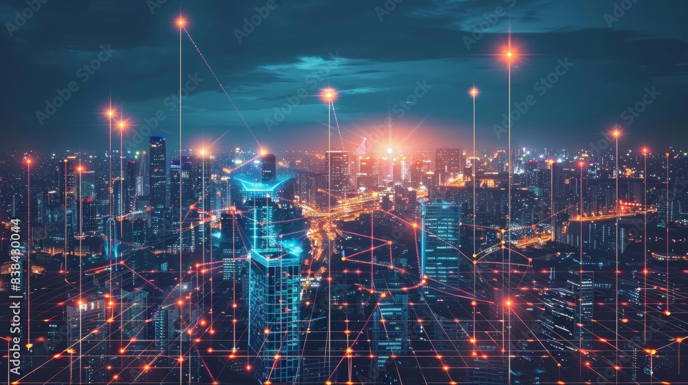 Obraz premium A city with many lines and dots in the sky, AI