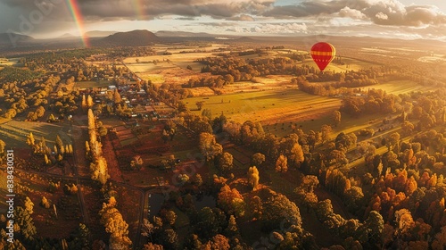  A hot air balloon soars above a verdant field and dense woodland, with a vibrant rainbow backdrop