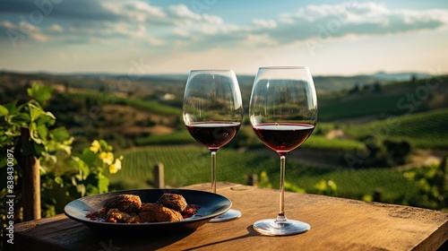 Glass of red wine on a table with a picturesque vineyard in the background 