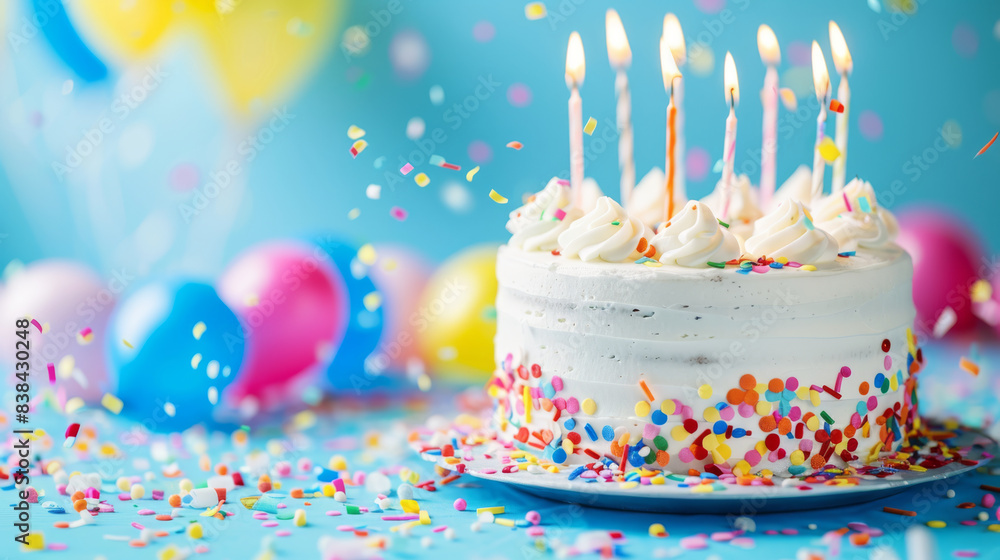 Delicious birthday cake with colorful birthday candles, confetti, colored balloons and lights on a blue background. Delicious birthday cake with colorful birthday candles, confetti, colored balloons and lights on a blue background.