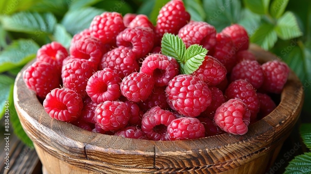 Wooden bowl holds raspberries on table surrounded by green leaves Wooden bowl holds raspberries on table surrounded by green leaves