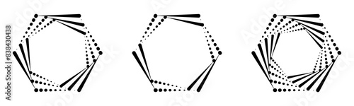 Abstract geometric design in hexagon shape with spiral lines. Rotating halftone shape. For posters, banners, logos, badges, presentations and booklets. Vector illustration.