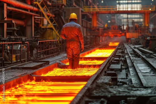 Worker observing fiery steel mill, a man in a hard hat standing in a factory, Steel mill with workers monitoring production lines