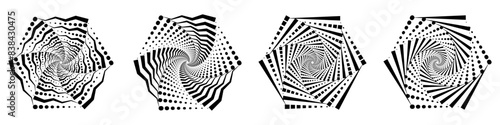 Abstract geometric design in the form of swirl dots with dotted spiral lines. Hexagonal radial rotating halftone shape. Vector illustration.