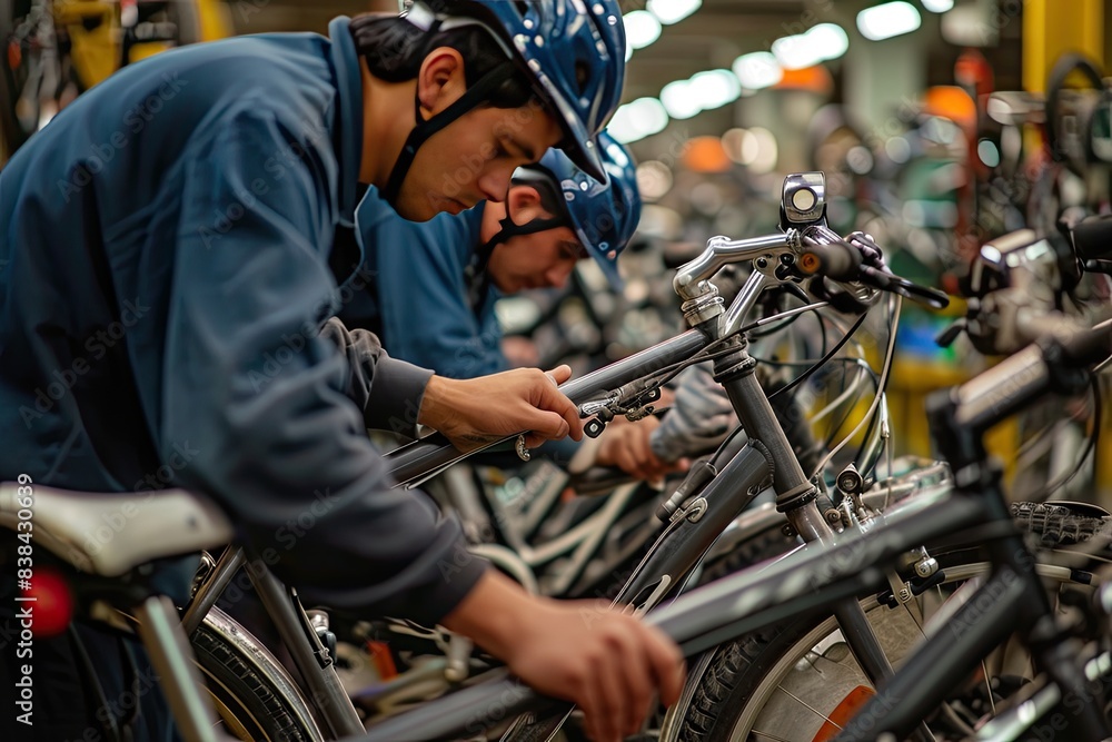 Obraz premium Focused workers, bicycle assembly line, a group of men working on bicycles in a factory, Workers at a bike manufacturing plant installing cutting-edge features in bicycles
