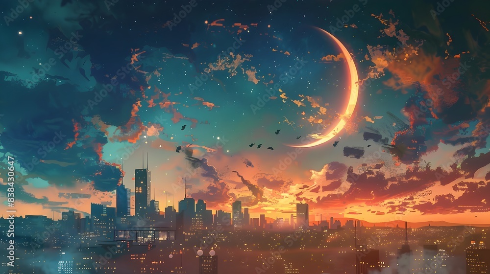 Crescent Moon Illuminates Dramatic Cityscape at Sunset Crescent Moon Illuminates Dramatic Cityscape at Sunset