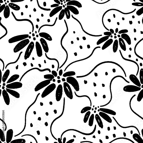 Seamless pattern with black flowers, dots and curly lines. Hand drawn floral botanical design. Modern print for textile, fabric, wallpaper, wrapping, scrapbook and packaging