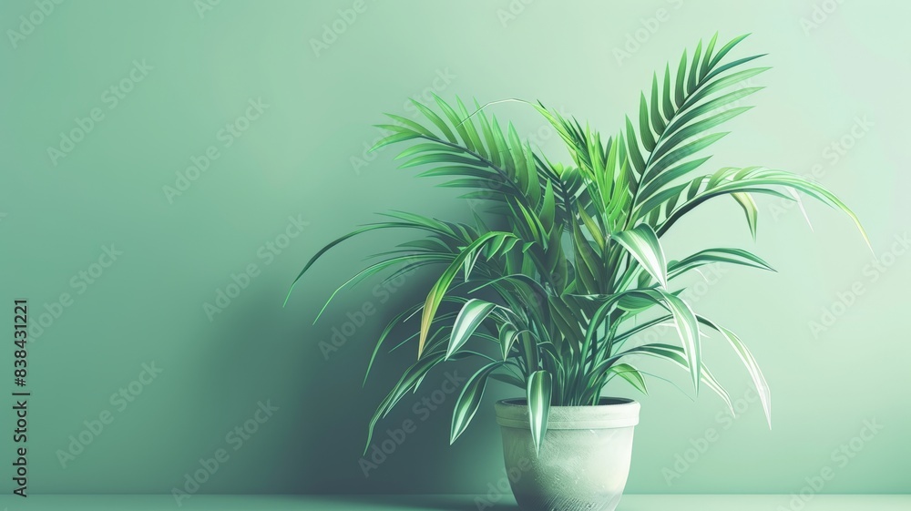 Obraz premium Elegant green potted plant against a soft green background, ideal for nature-themed projects and interior decor concepts.