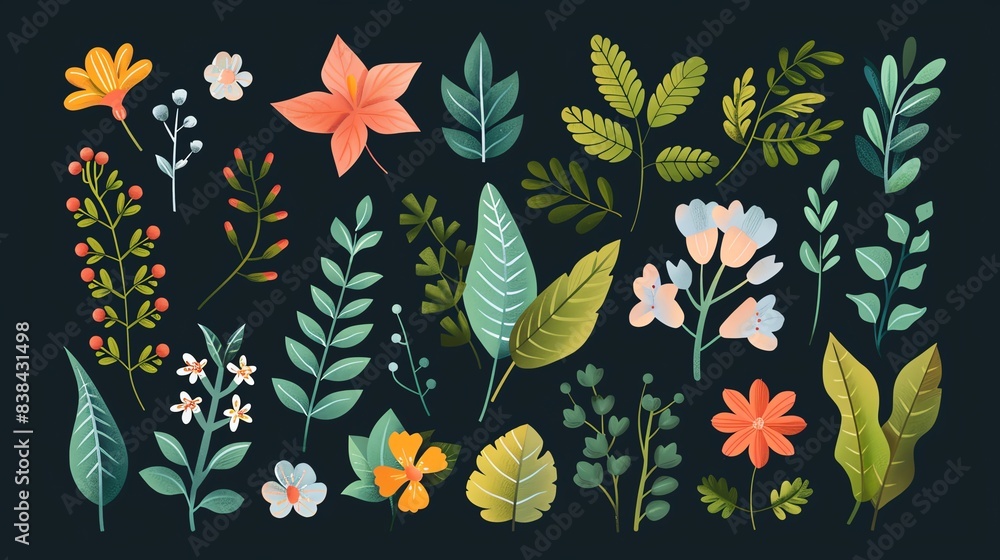 A colorful illustration of various flowers and leaves on a dark background, perfect for spring or botanical-themed designs. A colorful illustration of various flowers and leaves on a dark background, perfect for spring or botanical-themed designs.