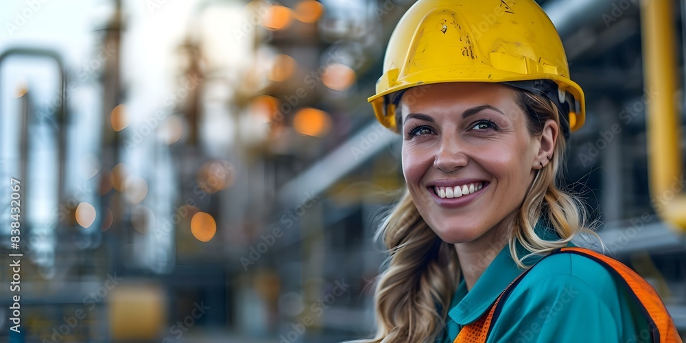 Female engineer smiling at an oil refinery, overseeing safety and production efficiency. Concept Industrial Engineering, Female Professional, Oil Refinery, Safety Oversight, Production Efficiency Female engineer smiling at an oil refinery, overseeing safety and production efficiency. Concept Industrial Engineering, Female Professional, Oil Refinery, Safety Oversight, Production Efficiency