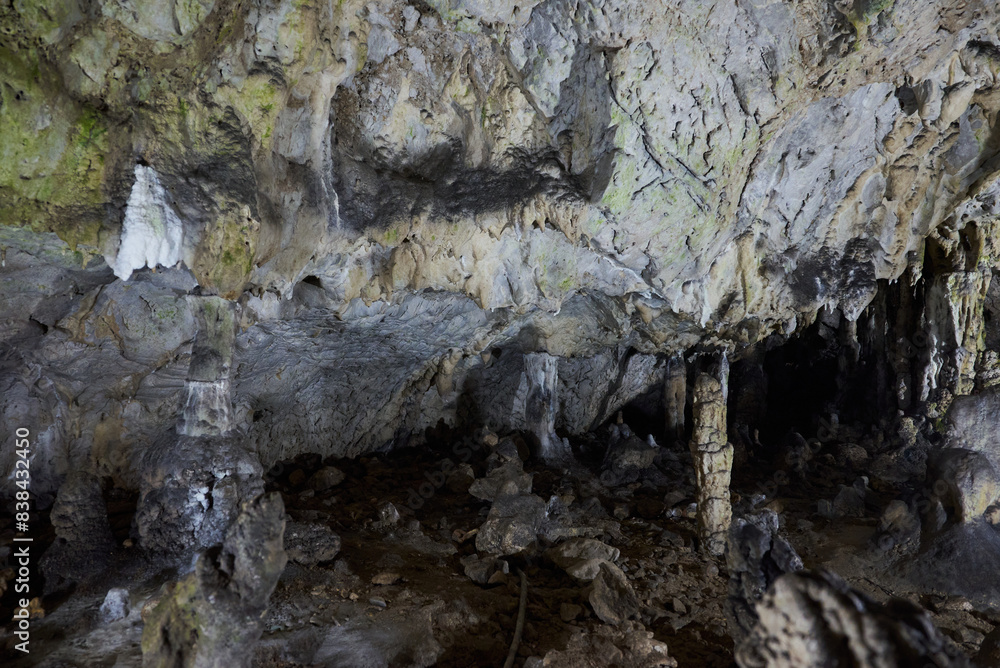 Rock formations and abstract texture on the walls in Muierilor Cave with stalactites and stalagmites Rock formations and abstract texture on the walls in Muierilor Cave with stalactites and stalagmites