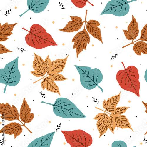 Seamless colorful autumn leaves with twigs
