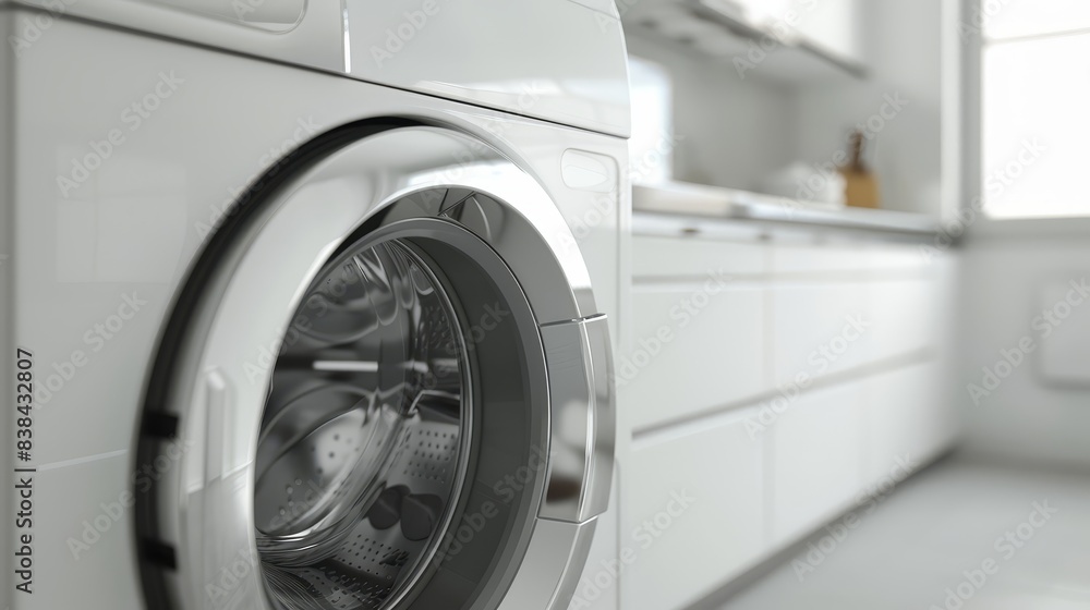 Washing machine close-up in a sleek kitchen, sharp studio lighting, white background, metal textures, minimalistic design, photorealistic, whimsical, composite, modern home Washing machine close-up in a sleek kitchen, sharp studio lighting, white background, metal textures, minimalistic design, photorealistic, whimsical, composite, modern home