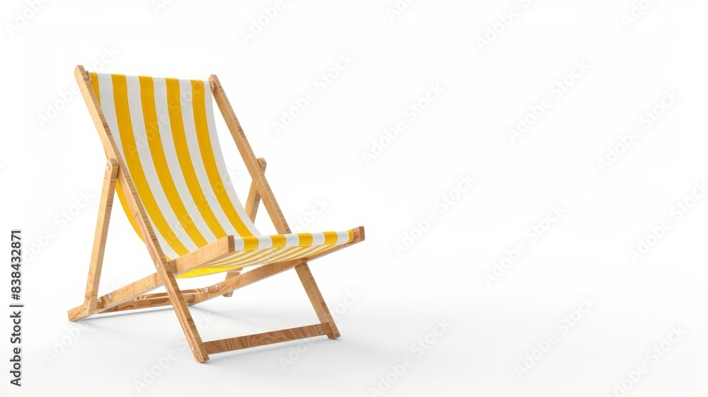 Yellow striped beach chair for summer, isolated on white background, photorealistic, whimsical, composite, high-key studio Yellow striped beach chair for summer, isolated on white background, photorealistic, whimsical, composite, high-key studio