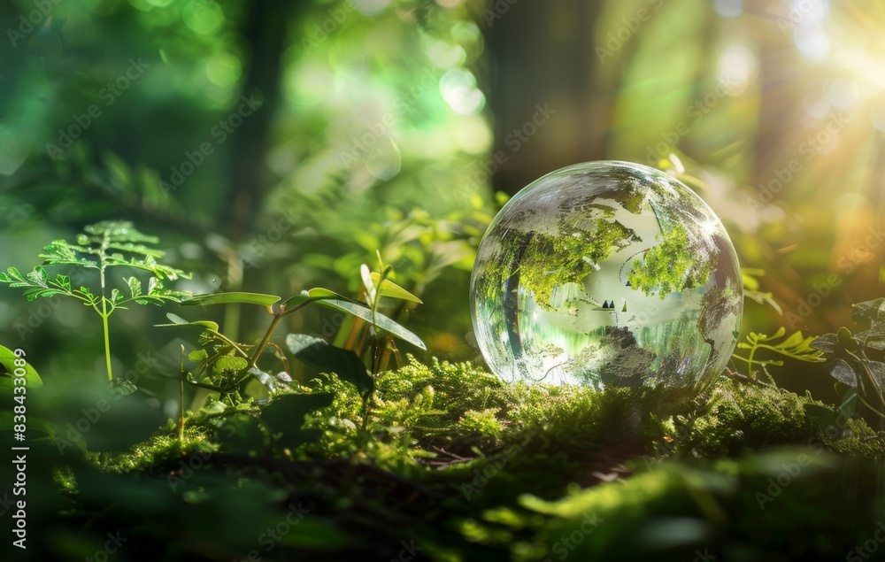 A glass globe on moss in the forest, with green plants and trees around it. A glass globe on moss in the forest, with green plants and trees around it.
