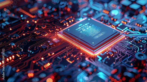 Naklejka Cyber banner with processor on futuristic background Powerful new generation stream processor Digital chip for computer Process streaming and processing information Digital compute