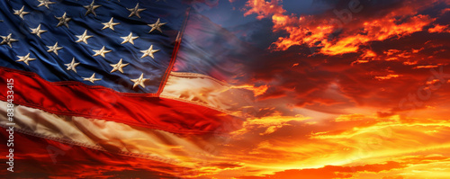 The American flag flies against the backdrop of a beautiful sky and clouds at sunset. photo