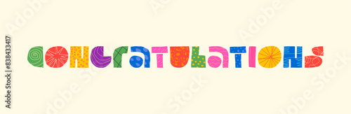 Congratulations abstract decorative inscription concept. Modern colourful graphic shapes congratulating symbol word lettering. Positive trendy creative logo. Greeting card bright eps badge