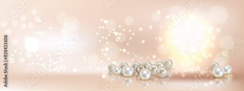 Elegant Makeup Display Podium with Pearls and Gold for a Luxurious Look Background for product presentation with design mockup, banner with empty copy space for text. Product mockup, 