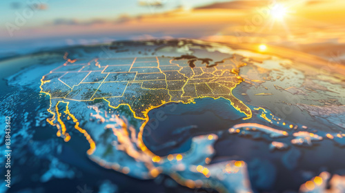 Abstract view of the continent of America against the backdrop of a beautiful sunset. Abstract illustration of states.