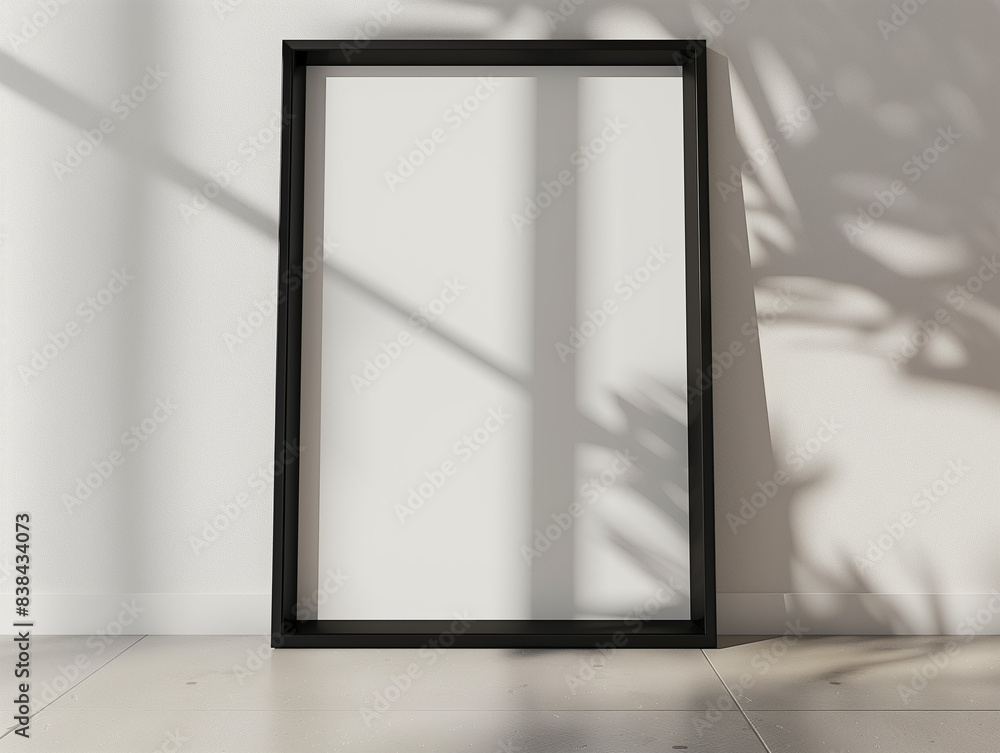 Black wooden frame poster mockup standing on the floor, 3d render Black wooden frame poster mockup standing on the floor, 3d render