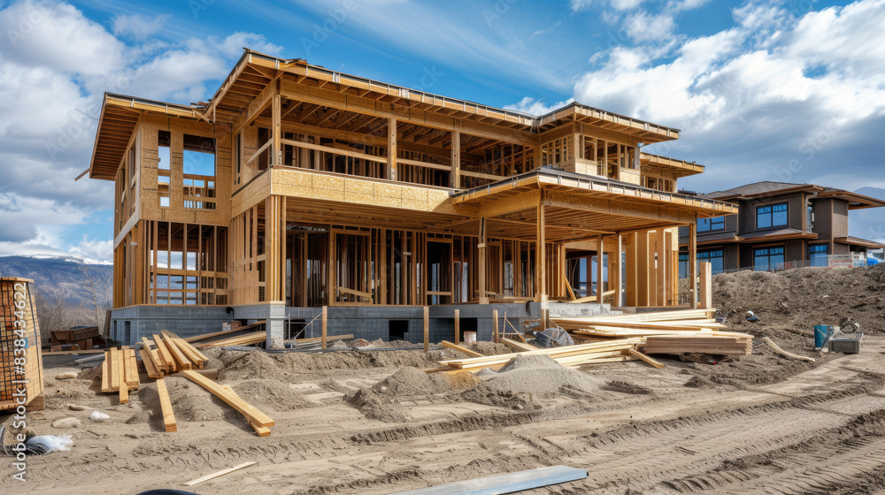Detailed image of a house under construction showing the timber frame and construction in the early stages of construction. Clear blue skies and surrounding landscape provide a picturesque backdrop. Detailed image of a house under construction showing the timber frame and construction in the early stages of construction. Clear blue skies and surrounding landscape provide a picturesque backdrop.