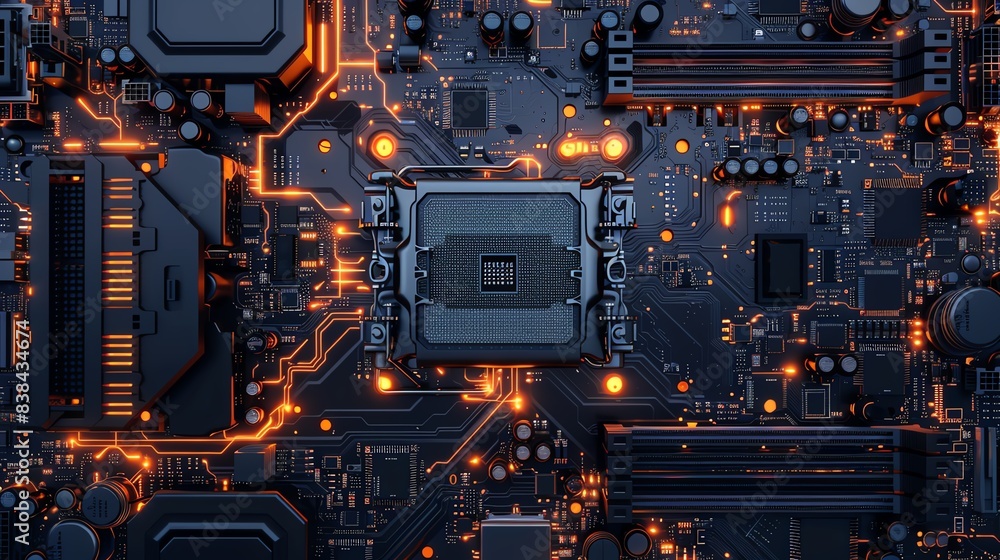 Fototapeta premium Close-up view of a dark motherboard with glowing orange circuitry and components, showcasing modern technology and electronic hardware.