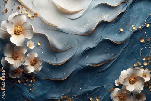 Luxurious, modern background with a blend of abstract and natural elements. Flowing, wavy textures in shades of blue and white, accentuated by gold detailing. 