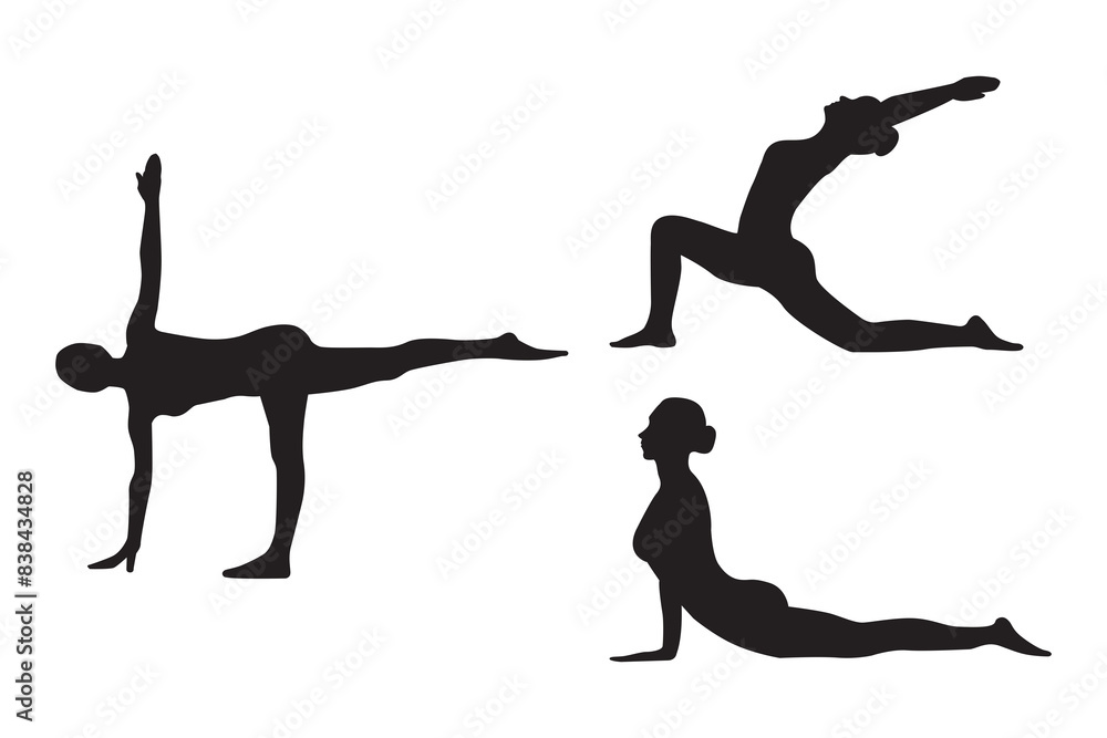 Vector set of black silhouettes of a sporty young woman. Yoga poses highlighted on a white background. Vector set of black silhouettes of a sporty young woman. Yoga poses highlighted on a white background.