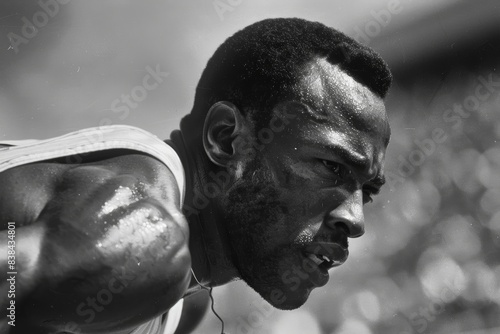 Vintage Black and White Photo of 20th Century Athlete in Intense Sports Moment"** © spyrakot