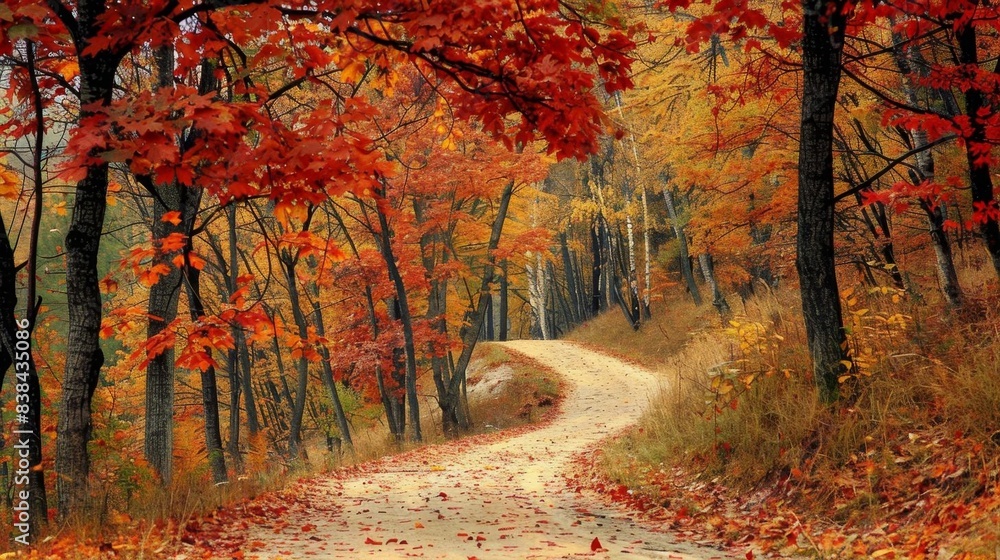 Scenic autumn forest path with vibrant fall foliage, showcasing colorful red and orange leaves enhancing the natural beauty of the woodland trail. Scenic autumn forest path with vibrant fall foliage, showcasing colorful red and orange leaves enhancing the natural beauty of the woodland trail.