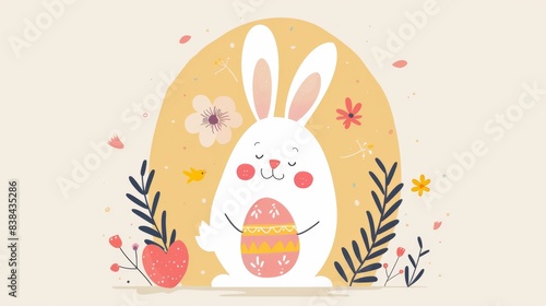 A cute bunny with a decorated egg in its hand, AI