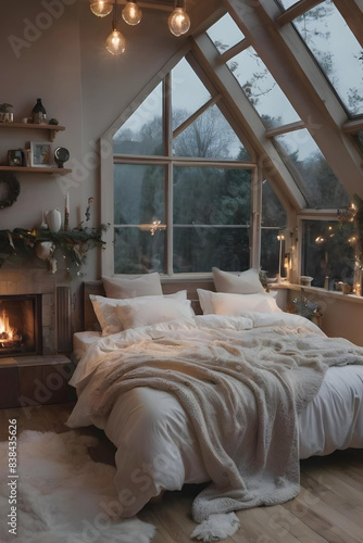 A modern day Elven bedroom  big panoramic windows, a fireplace. The bed is a haven of softness, with layers of plush blankets and fluffy duvets beckoning to be nestled into.