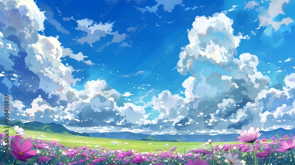 Fototapeta premium Enchanting Dreamlike Landscape with Pink Flowers and Cloudy Blue Sky in Scenic Nature