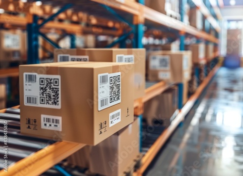 Automatic logistics management. smart packaging into the warehouse workflow, Cardboard box tags and QR codes for efficient tracking, authentication, and traceability throughout the supply chain