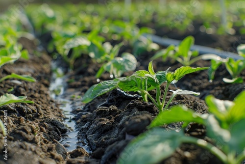 Sustainable Farming: Close-Up of Genetically Modified Plants with Drip Irrigation and Mulch