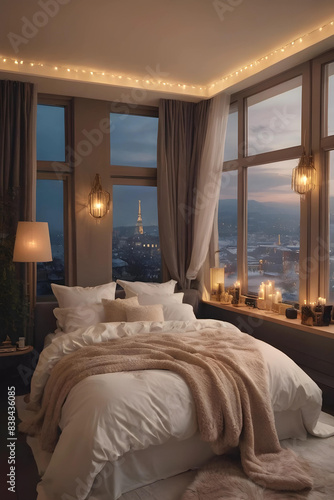 A modern day Elven bedroom  big panoramic windows, a fireplace. The bed is a haven of softness, with layers of plush blankets and fluffy duvets beckoning to be nestled into.