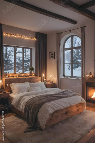 A modern day Elven bedroom  big panoramic windows, a fireplace. The bed is a haven of softness, with layers of plush blankets and fluffy duvets beckoning to be nestled into.