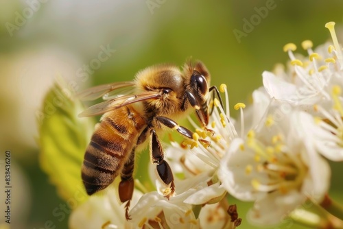 Bee Pollinating Flowers: Close-Up of Environmental Interactions for Biodiversity and Agriculture © spyrakot