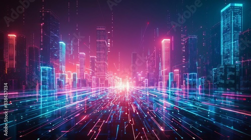 Futuristic digital cityscape with vibrant neon lights and dynamic data flow lines, simulating a hightech environment