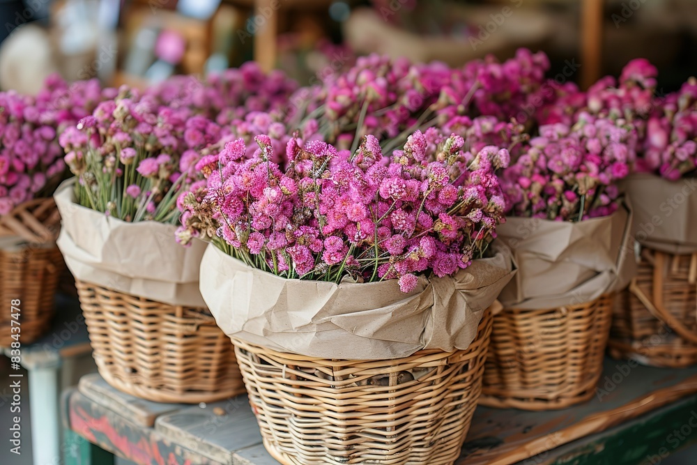 A bunch of pink flowers are in baskets on a table A bunch of pink flowers are in baskets on a table