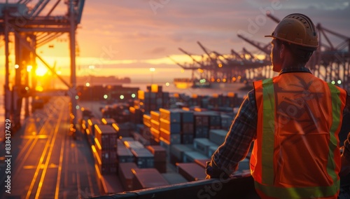 A port worker in an orange safety suit stands at the cargo yard, observing loading and unloading activities with a sunset backdrop. photo