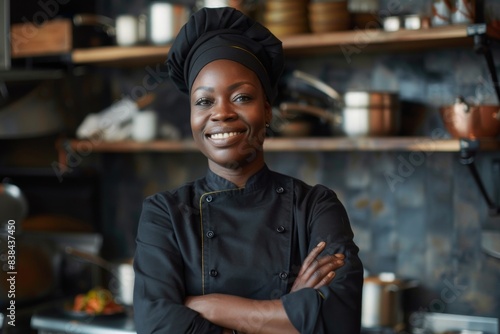 A portrait of an attractive black female chef standing in her restaurant kitchen, wearing professional attire and smiling at the camera with arms crossed 