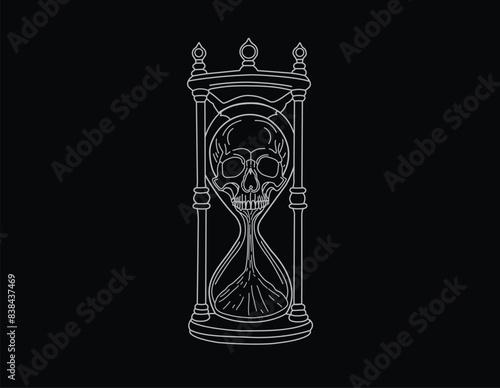 Vector illustration. Gothic clock. Hourglass with skull. Graphic arts. Sand clock. Human skull. Antique item. On a white background. Graphic drawing. Mystical illustration. Line drawing. 