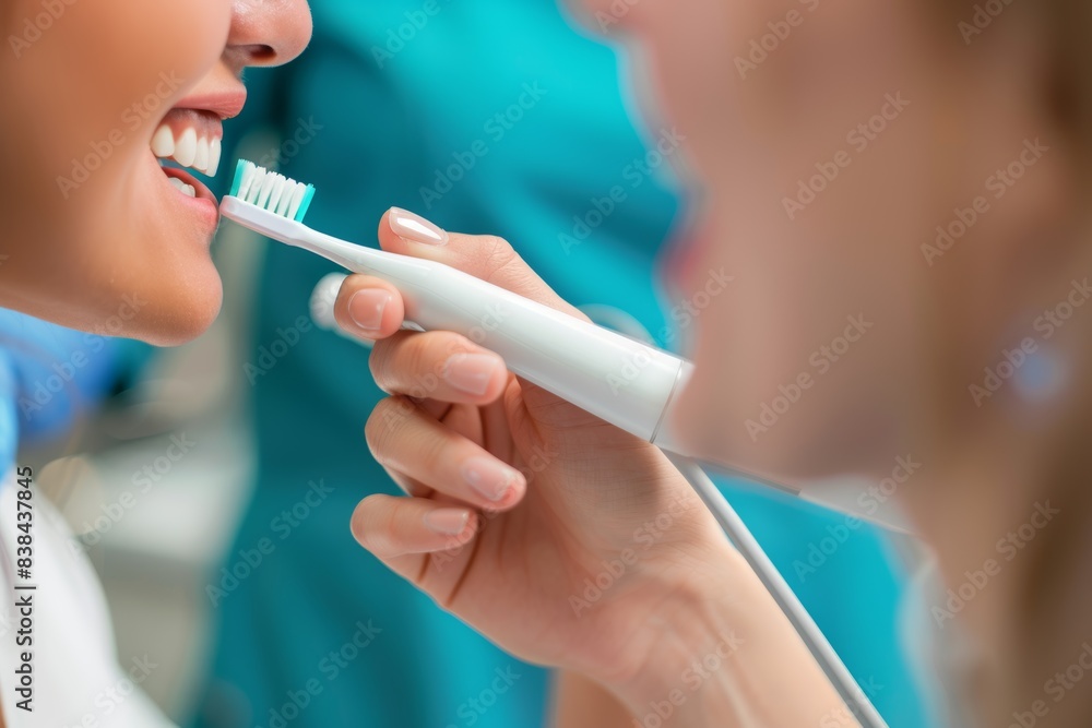 Dental Hygienist Demonstrating Proper Use of Electric Toothbrush in Modern Clinic Setting for Oral Care Dental Hygienist Demonstrating Proper Use of Electric Toothbrush in Modern Clinic Setting for Oral Care