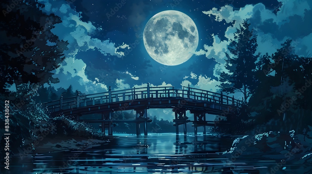 Enchanting Moonlit Bridge in Snowy Winter Forest Landscape Enchanting Moonlit Bridge in Snowy Winter Forest Landscape